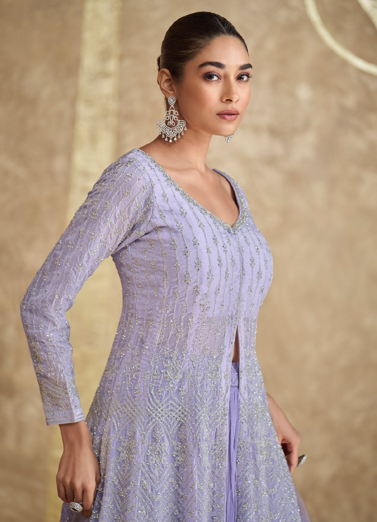 Lavender Embroidered Indo Western Georgette Anarkali with Dupatta