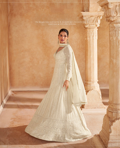Ivory Georgette Chikankari Anarkali Suit With Embroidered Dupatta