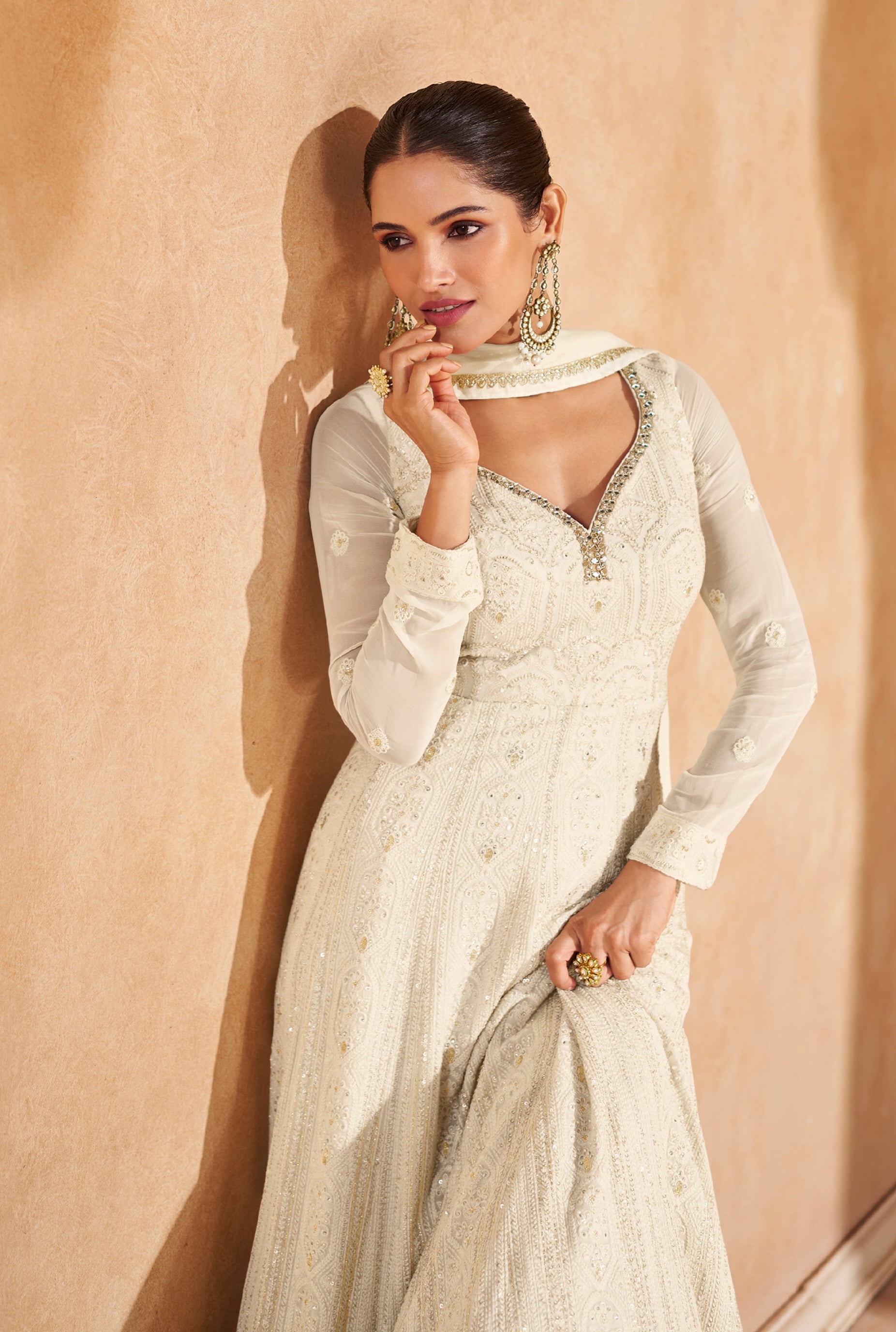 Ivory Georgette Chikankari Anarkali Suit With Embroidered Dupatta