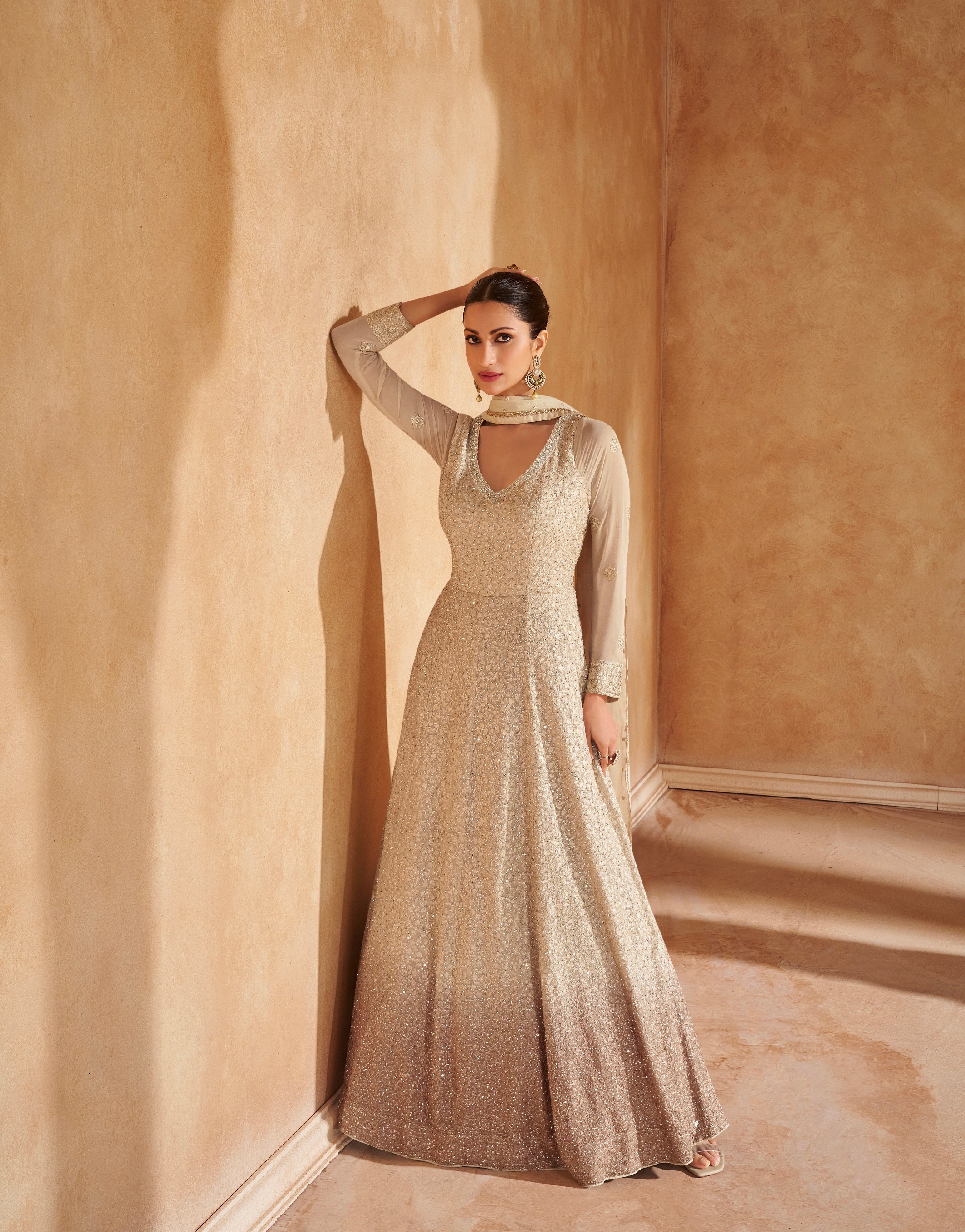 Champagne Gold Georgette Anarkali With Chikankari Embroidery &amp; Dupatta