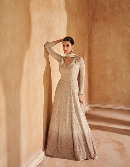 Champagne Gold Georgette Anarkali With Chikankari Embroidery &amp; Dupatta