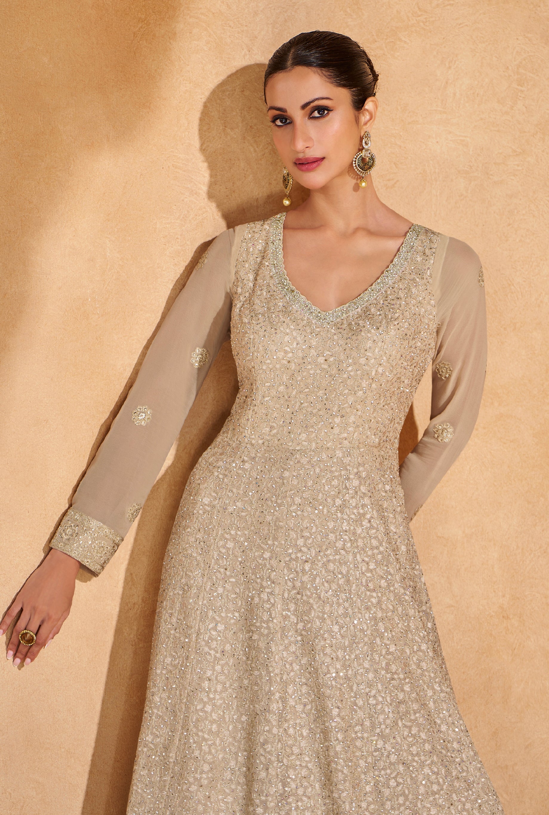 Champagne Gold Georgette Anarkali With Chikankari Embroidery &amp; Dupatta