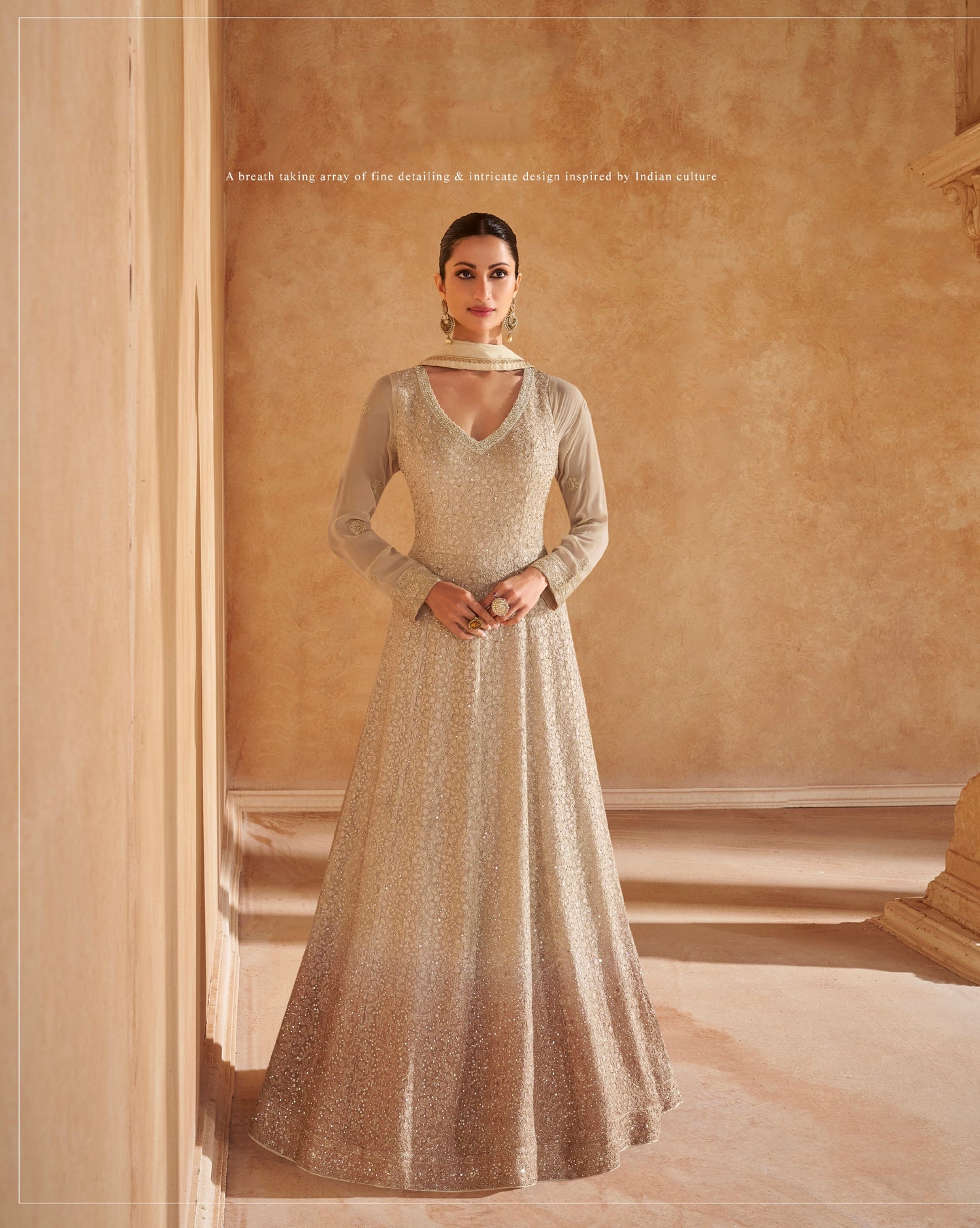 Champagne Gold Georgette Anarkali With Chikankari Embroidery &amp; Dupatta
