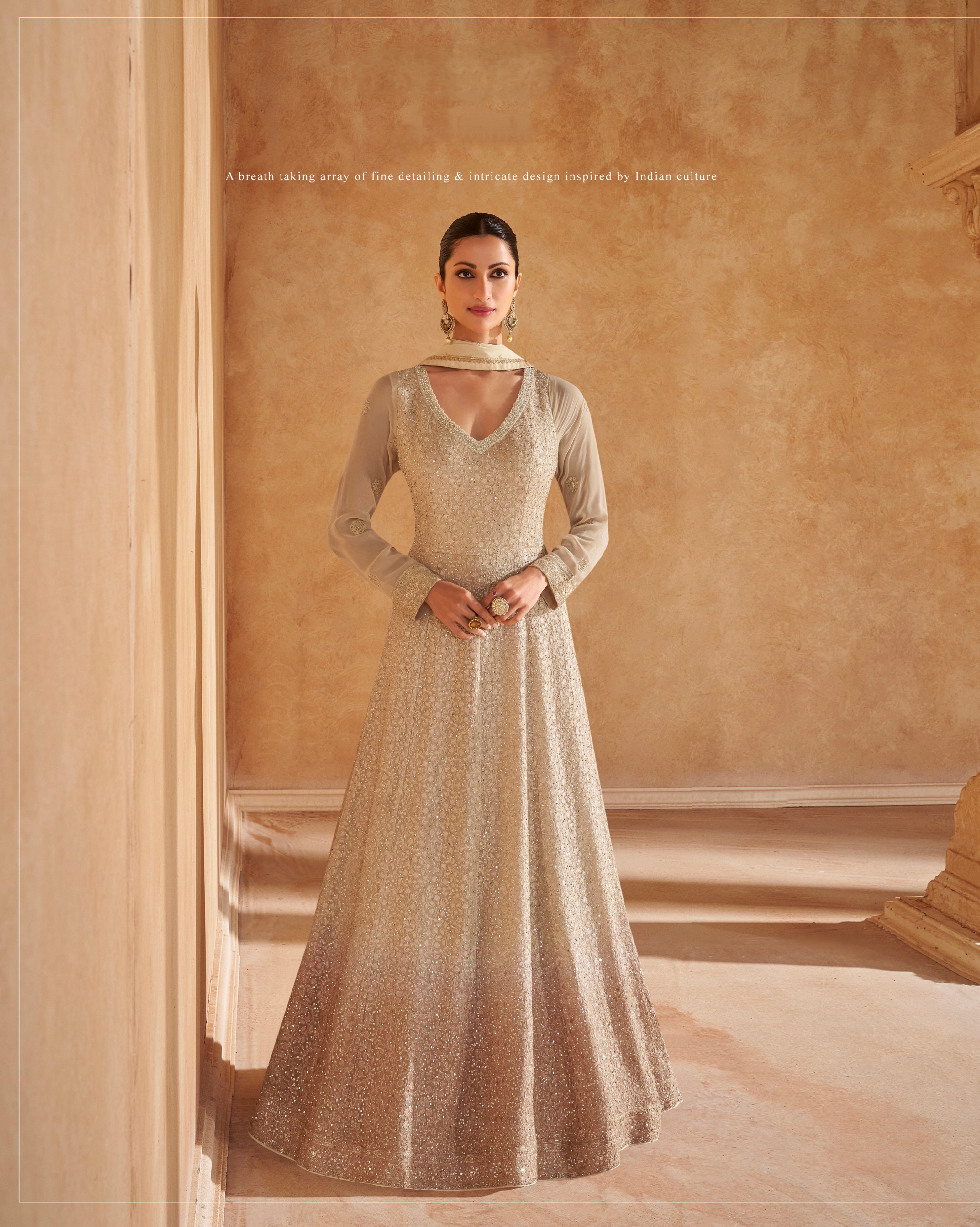 Champagne Gold Georgette Anarkali With Chikankari Embroidery &amp; Dupatta
