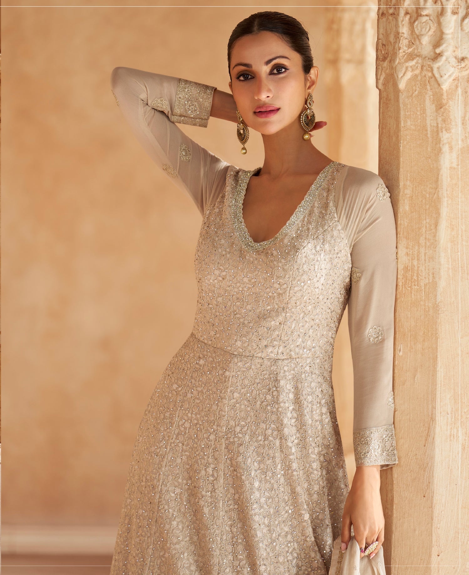 Champagne Gold Georgette Anarkali With Chikankari Embroidery & Dupatta |  Buy Online at Anant Exports