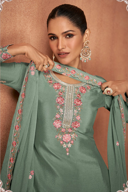 Sage Green Chinon Palazzo Suit with Floral Accents