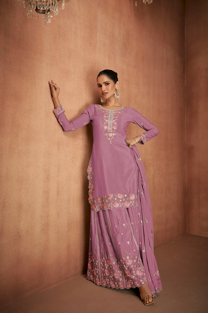 Lavender Chinon Palazzo Suit with Floral Embroidery &amp; Dupatta