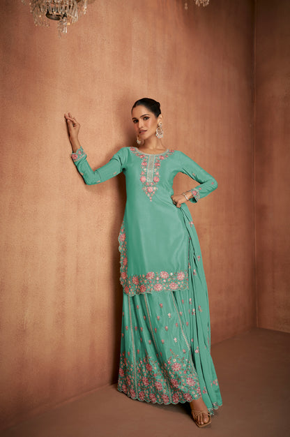 Sea Green Chinon Palazzo Suit with Floral Embroidery