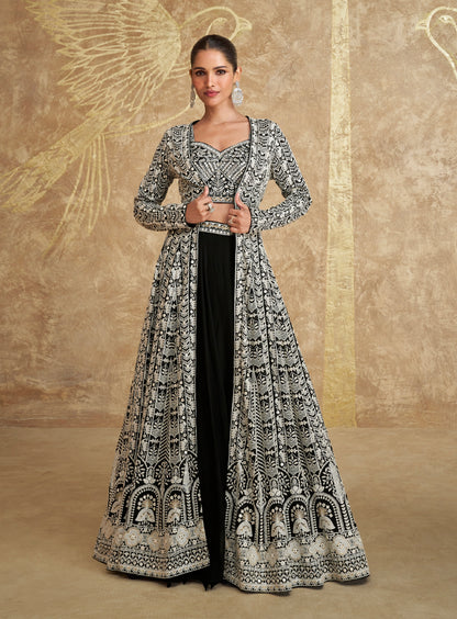 Black and White Georgette Anarkali with Heavy Embroidered Jacket