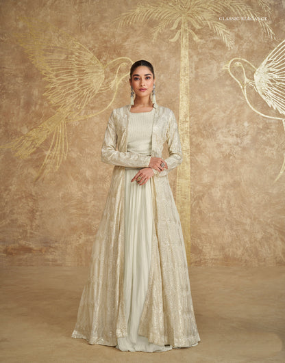 Ivory White Georgette Anarkali with Golden Embroidered Jacket