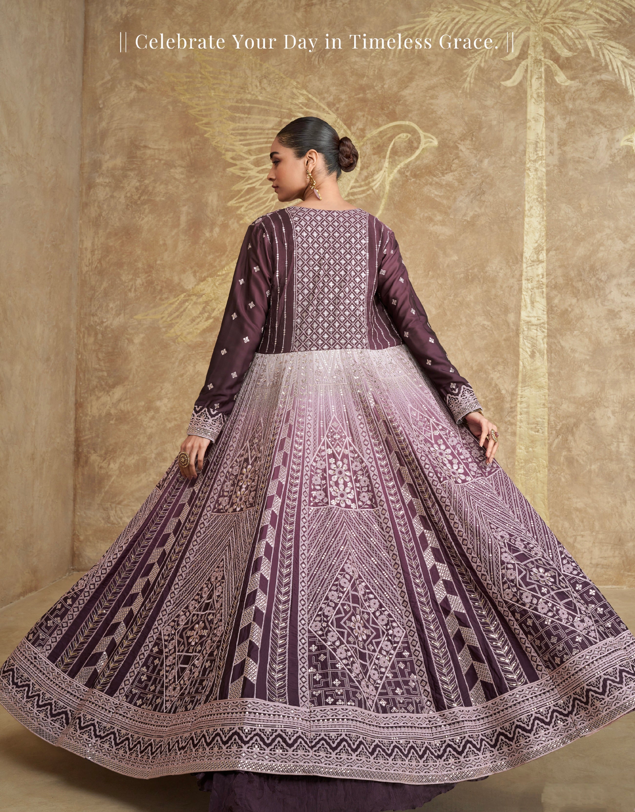 Wine Anarkali Suit with Embroidered Palazzo Pants in Premium Chinon Silk