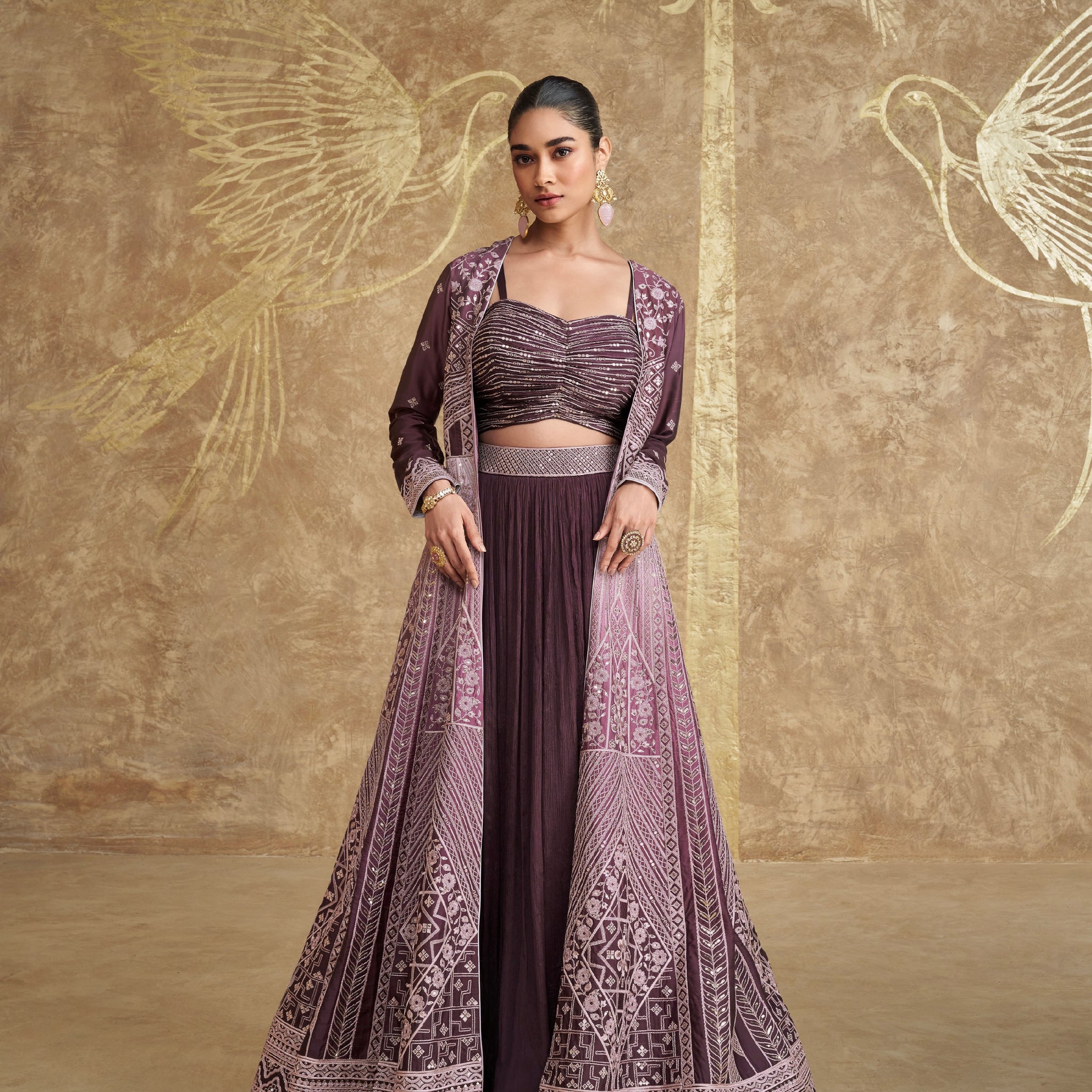 Wine Anarkali Suit with Embroidered Palazzo Pants in Premium Chinon Silk