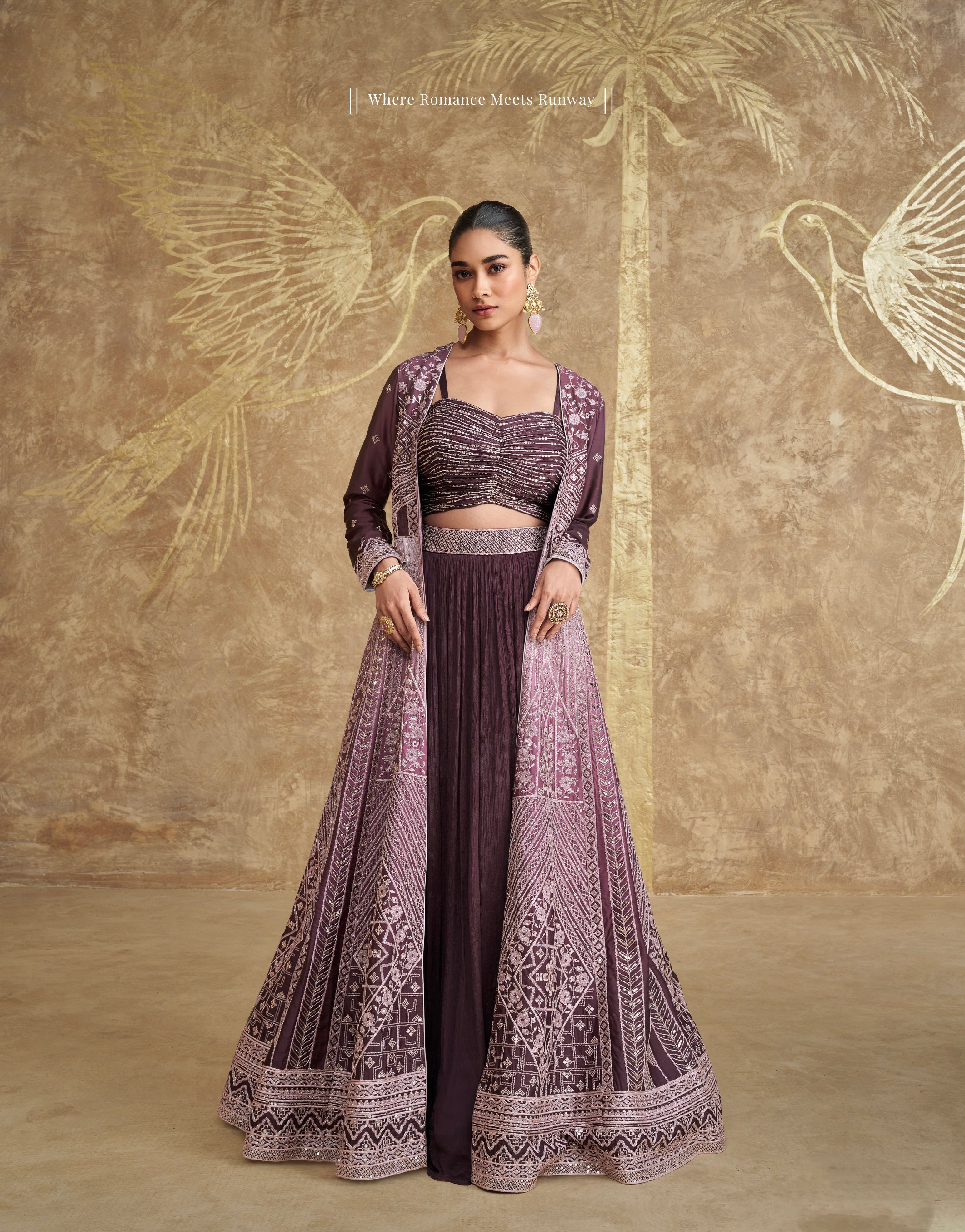 Wine Anarkali Suit with Embroidered Palazzo Pants in Premium Chinon Silk
