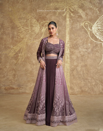 Wine Anarkali Suit with Embroidered Palazzo Pants in Premium Chinon Silk