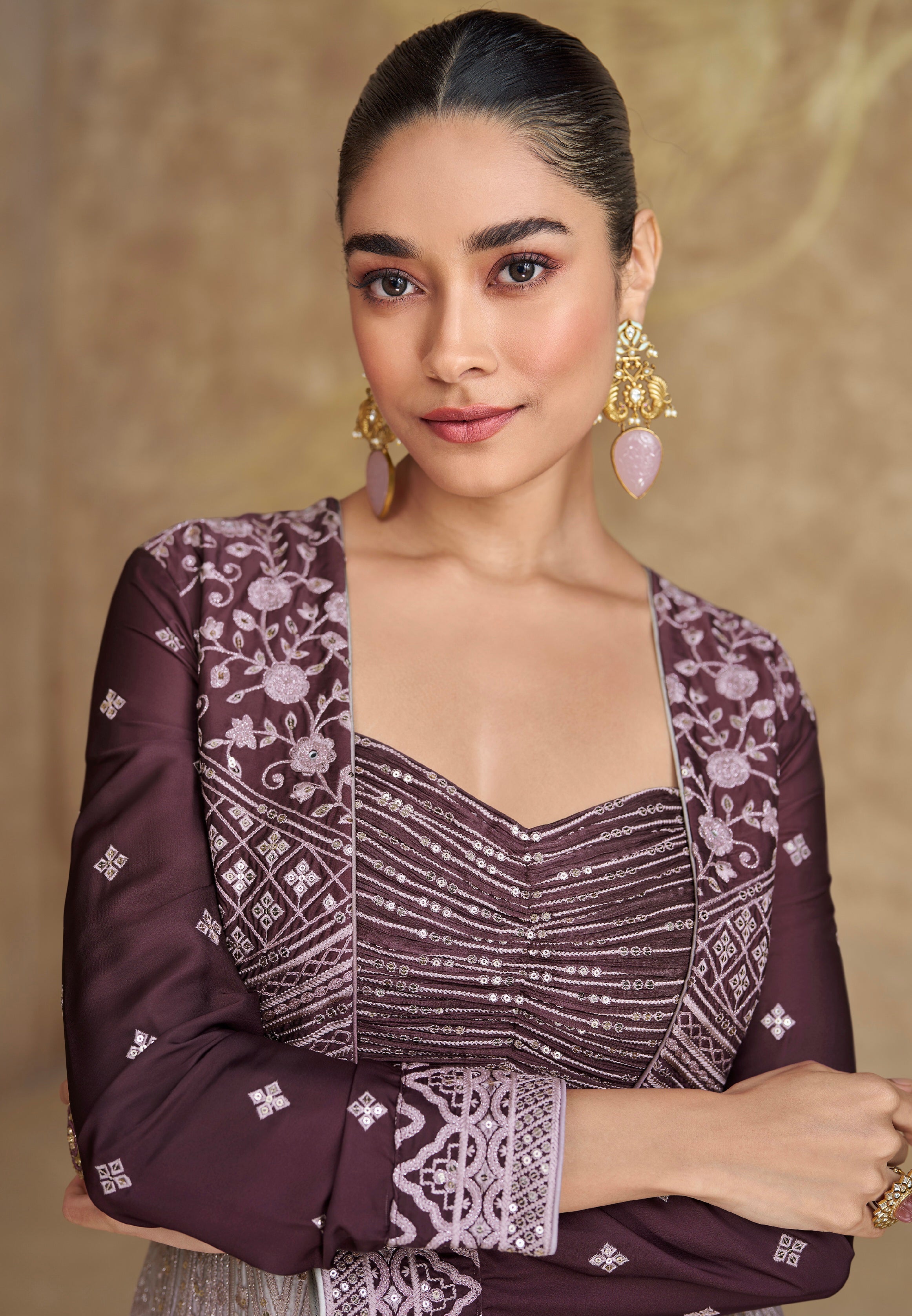 Wine Anarkali Suit with Embroidered Palazzo Pants in Premium Chinon Silk