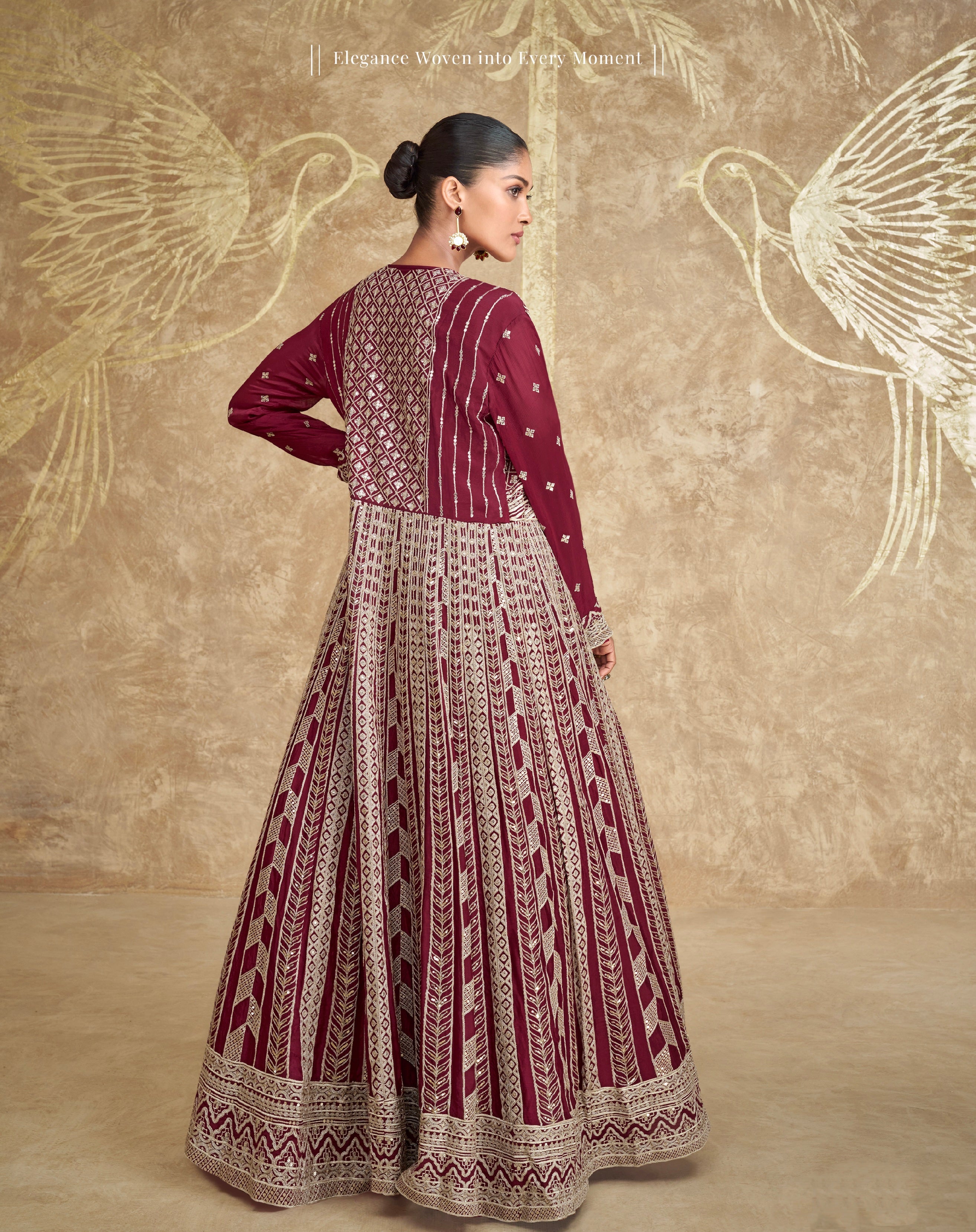 Mauve Embroidered Anarkali Suit with Palazzo Pants in Chinon Silk