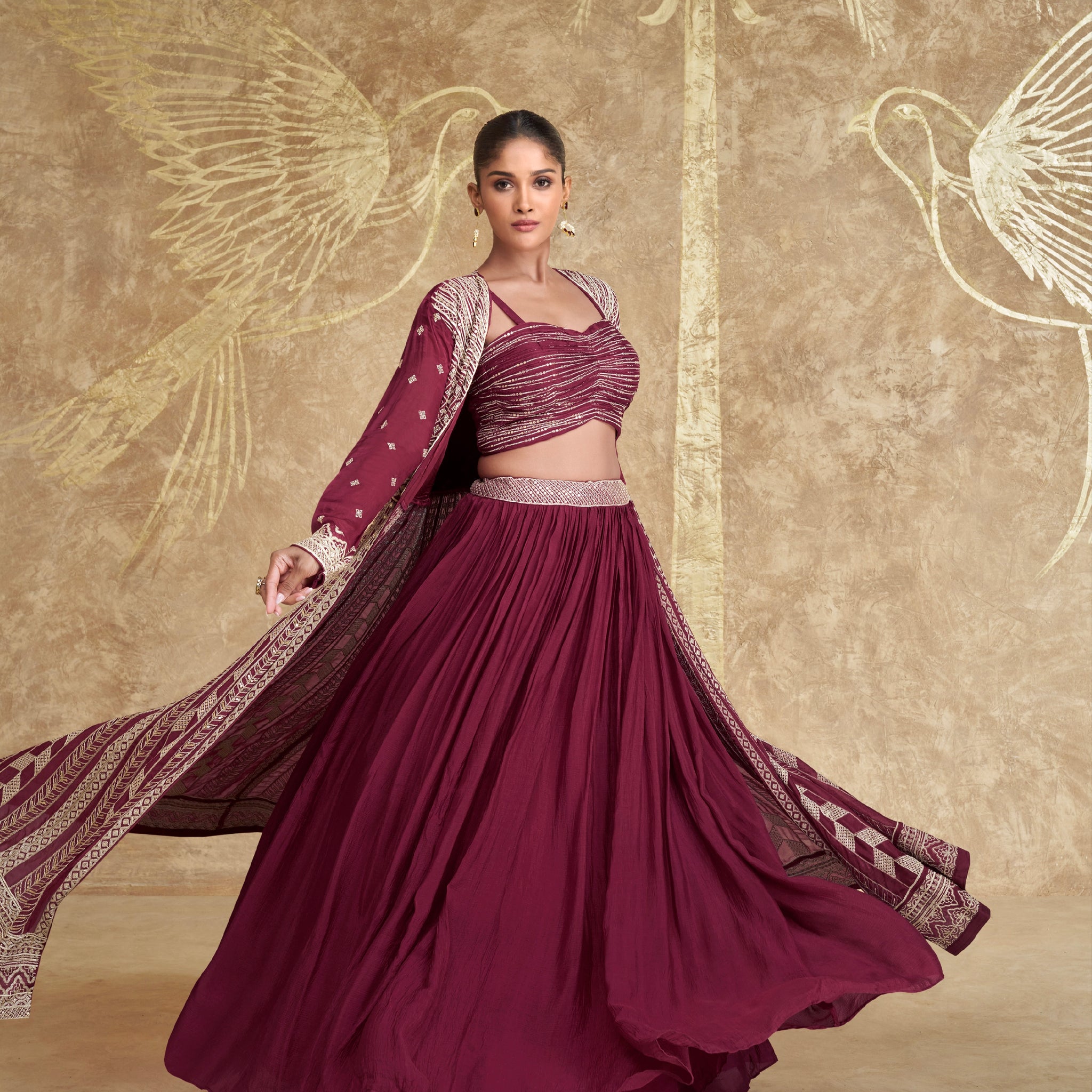 Mauve Embroidered Anarkali Suit with Palazzo Pants in Chinon Silk