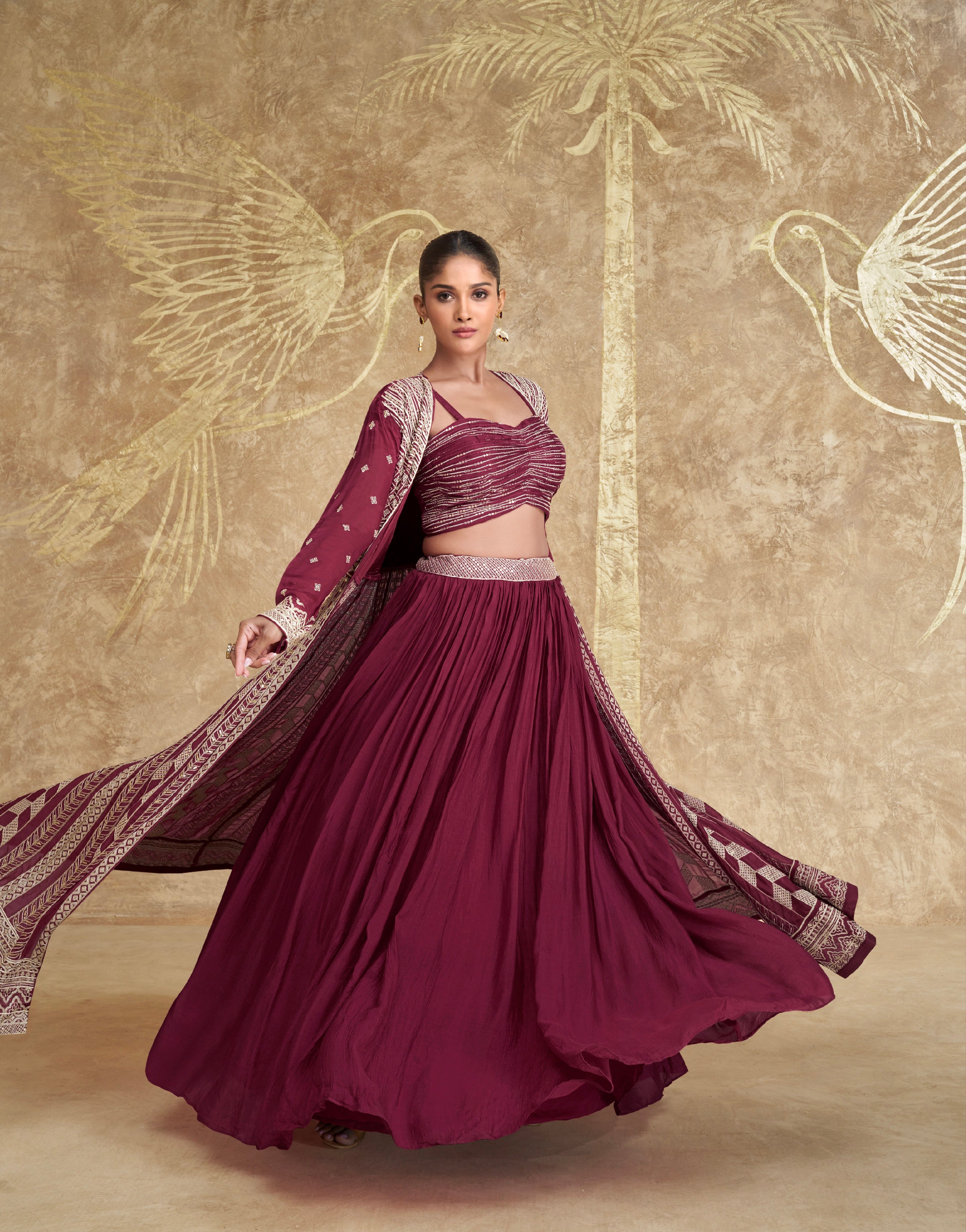 Mauve Embroidered Anarkali Suit with Palazzo Pants in Chinon Silk
