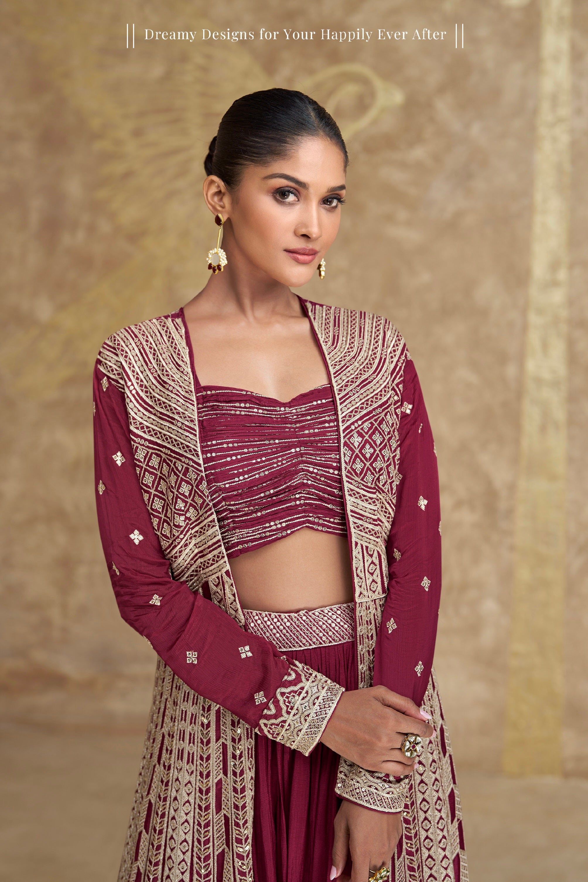 Mauve Embroidered Anarkali Suit with Palazzo Pants in Chinon Silk
