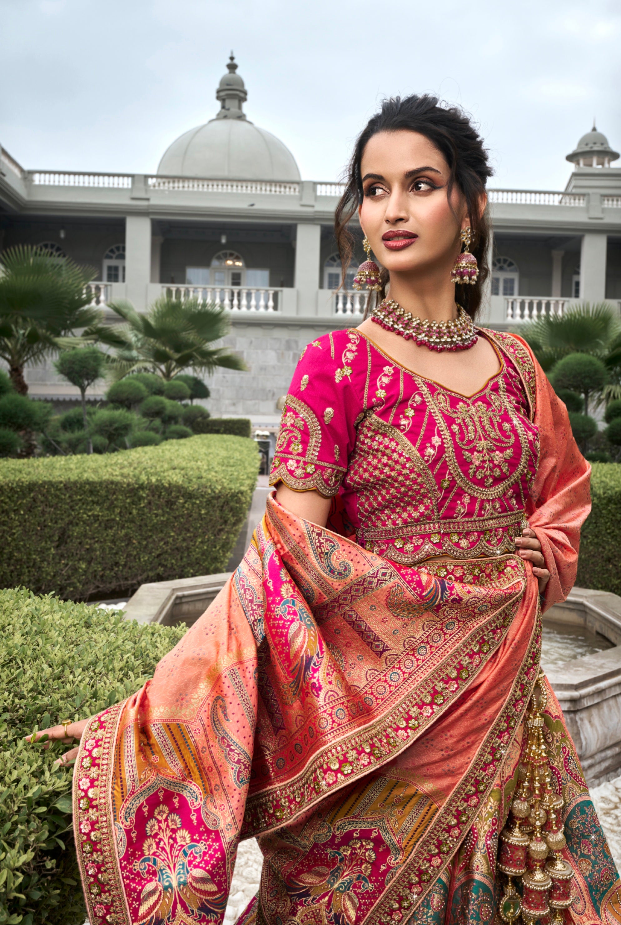 Peach &amp; Coral Banarasi Silk Lehenga Choli with Zarkan Codding Work