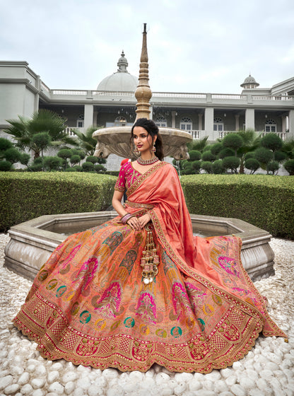Peach &amp; Coral Banarasi Silk Lehenga Choli with Zarkan Codding Work