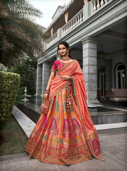 Peach &amp; Coral Banarasi Silk Lehenga Choli with Zarkan Codding Work