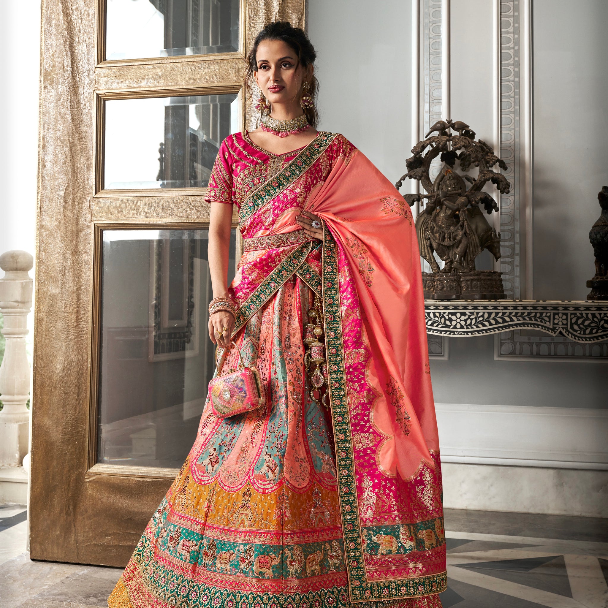 Pink Banarasi Silk Lehenga Choli with Zarkan Codding Work