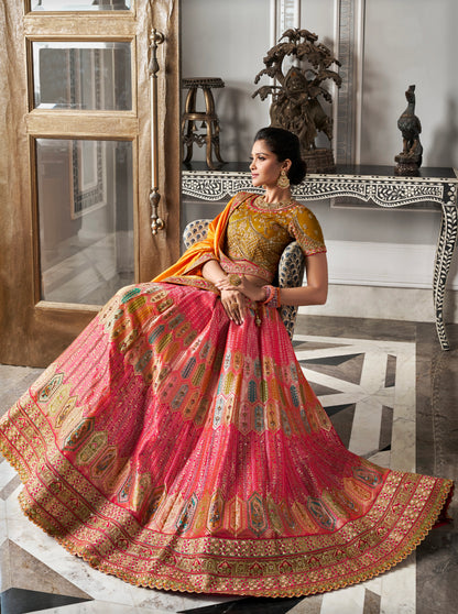 Orange &amp; Gold Banarasi Silk Lehenga Choli with Zarkan Work