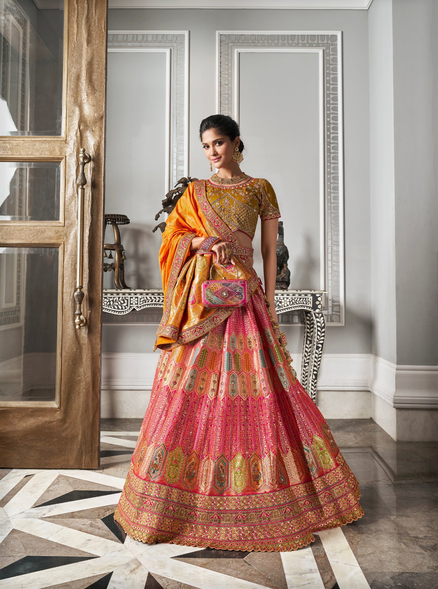 Orange &amp; Gold Banarasi Silk Lehenga Choli with Zarkan Work