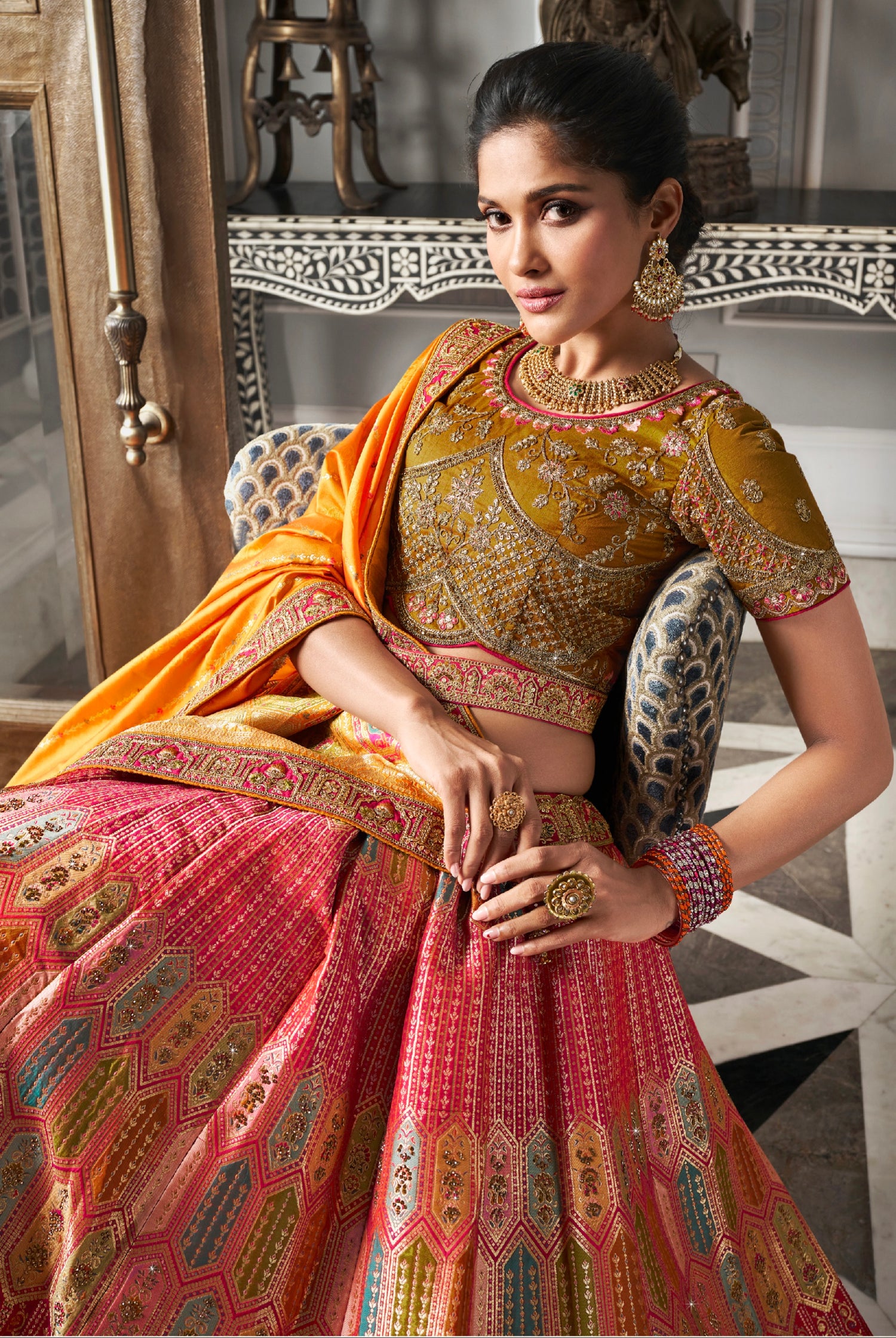 Orange &amp; Gold Banarasi Silk Lehenga Choli with Zarkan Work