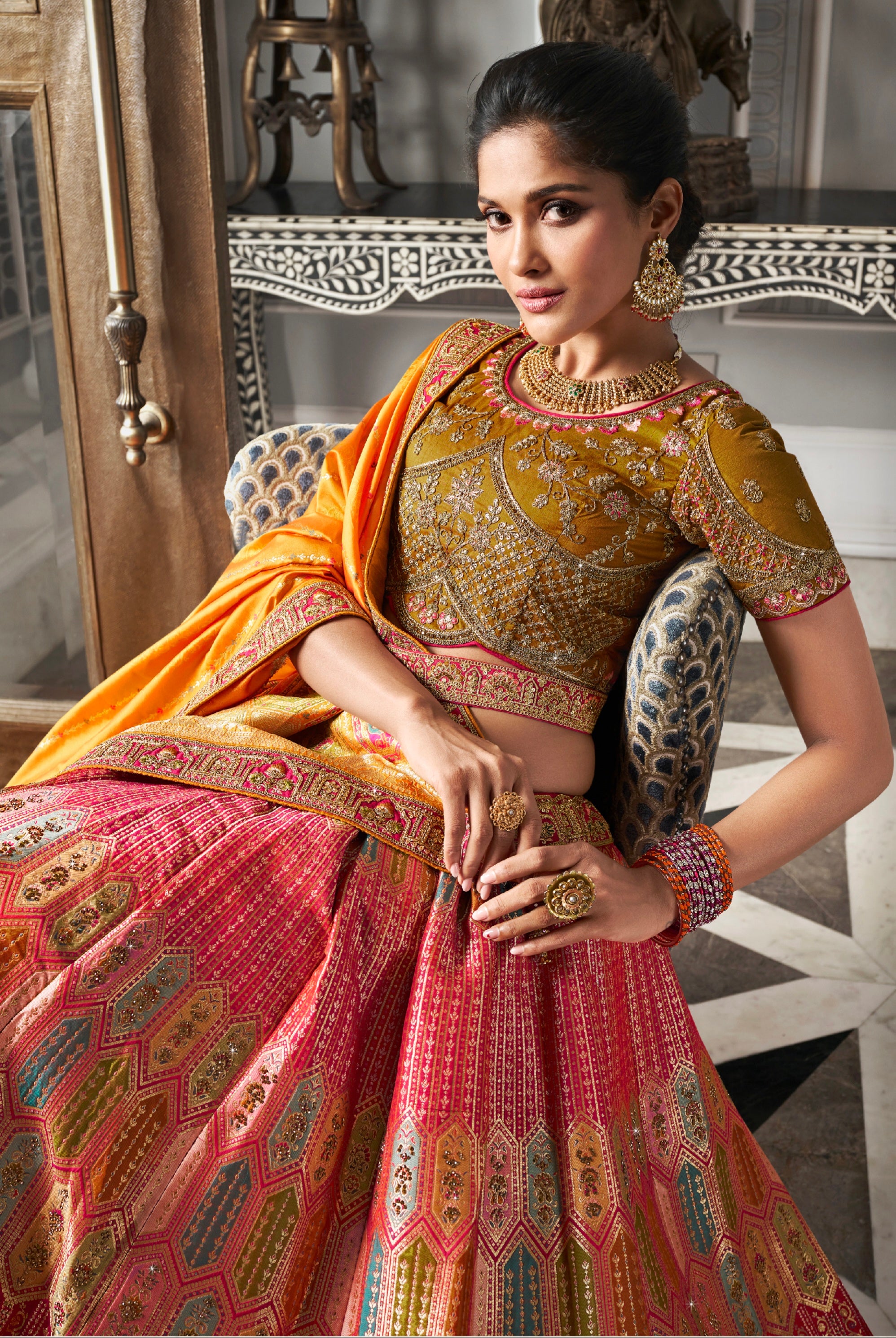 Orange &amp; Gold Banarasi Silk Lehenga Choli with Zarkan Work