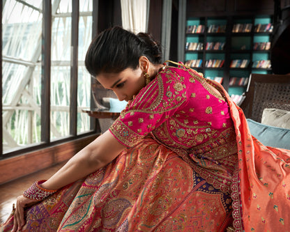 Orange &amp; Pink Banarasi Silk Lehenga with Zarkan Codding Work
