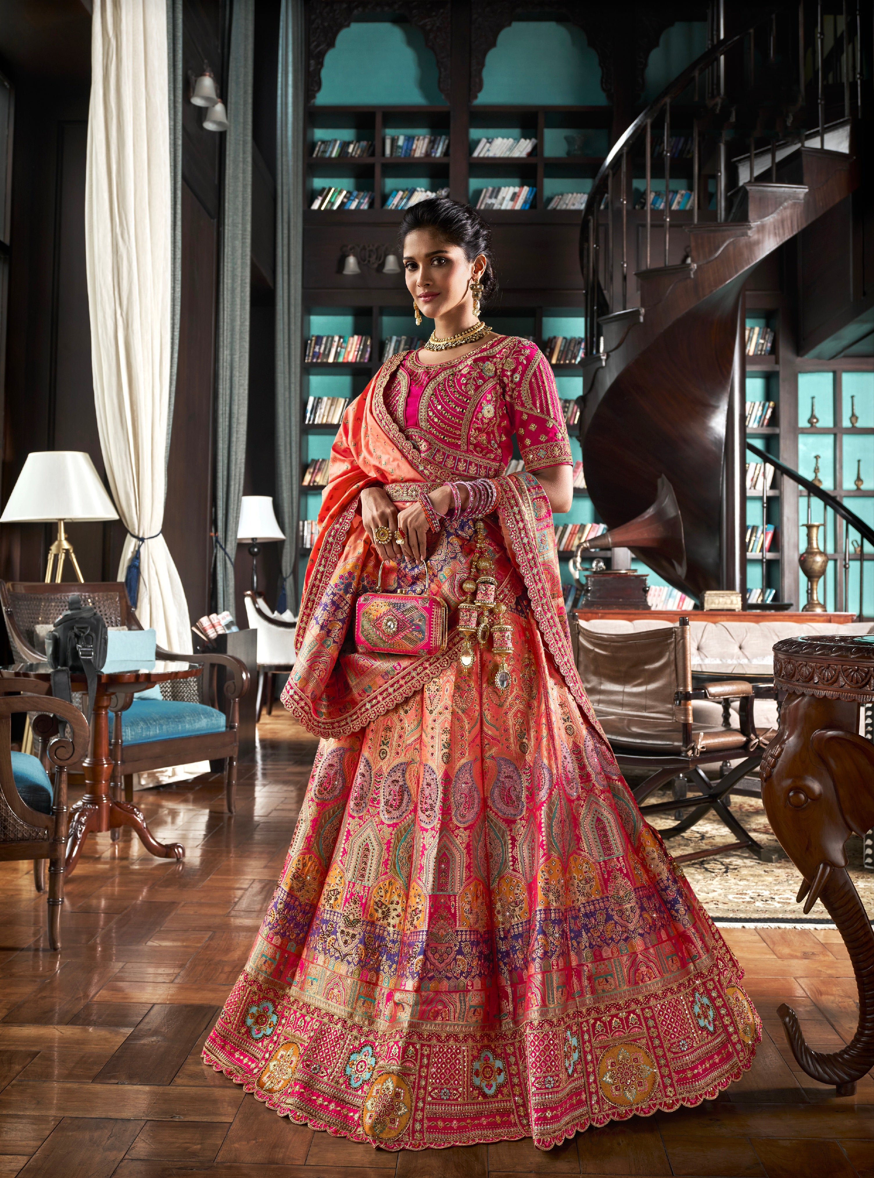 Orange &amp; Pink Banarasi Silk Lehenga with Zarkan Codding Work