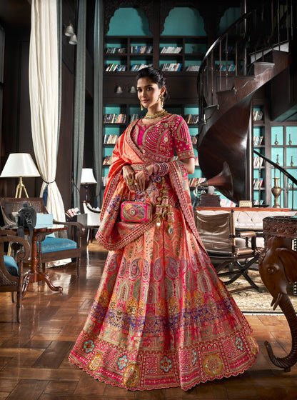 Orange &amp; Pink Banarasi Silk Lehenga with Zarkan Codding Work