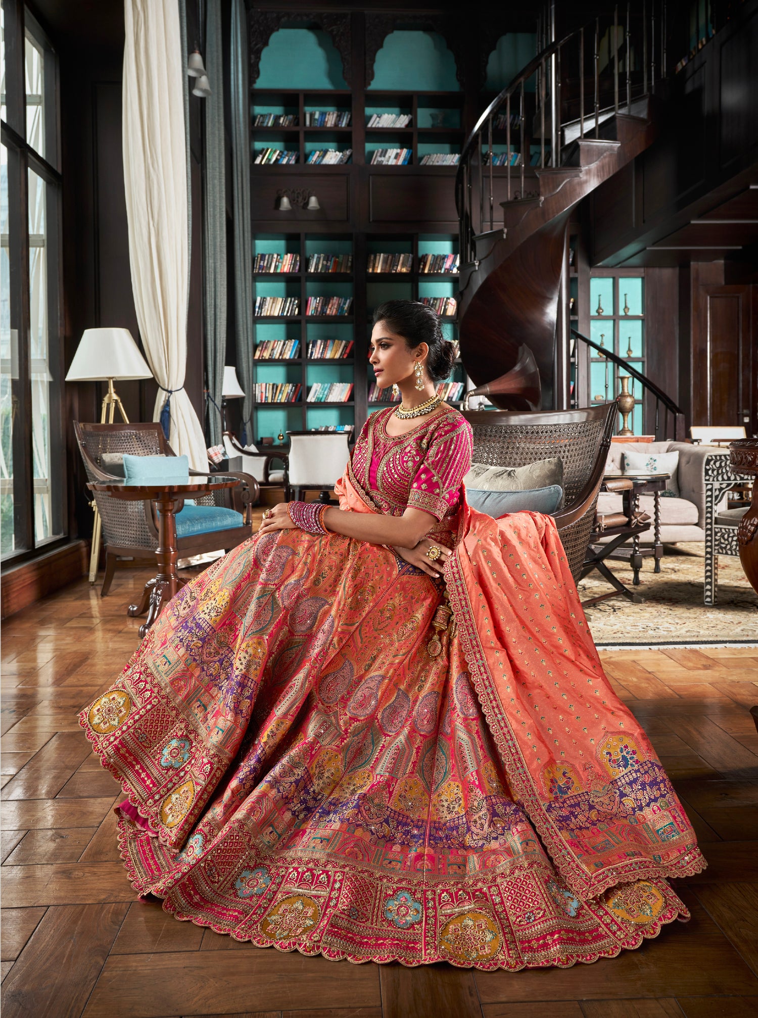 Orange &amp; Pink Banarasi Silk Lehenga with Zarkan Codding Work