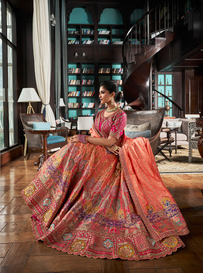 Orange &amp; Pink Banarasi Silk Lehenga with Zarkan Codding Work