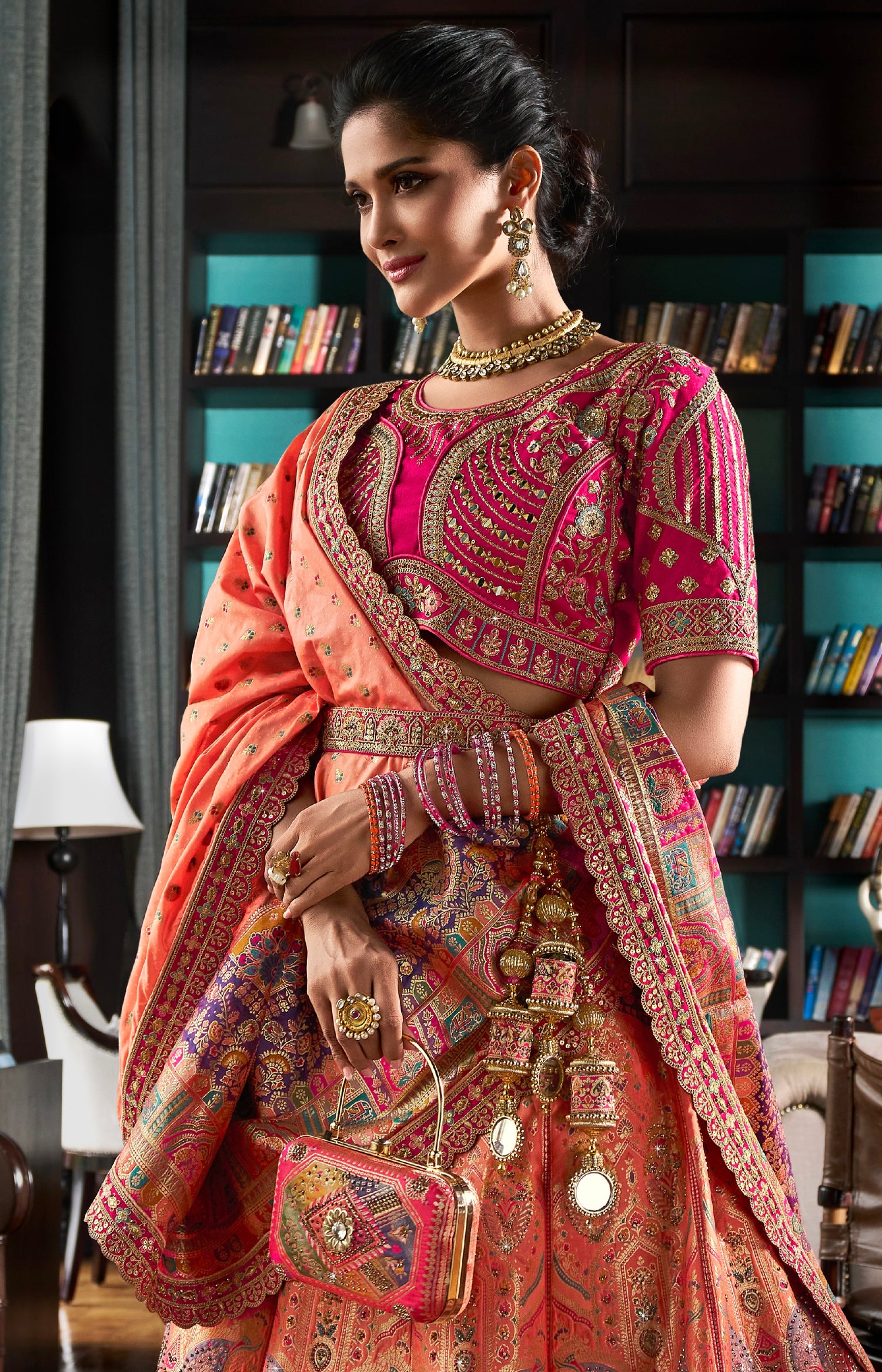 Orange &amp; Pink Banarasi Silk Lehenga with Zarkan Codding Work