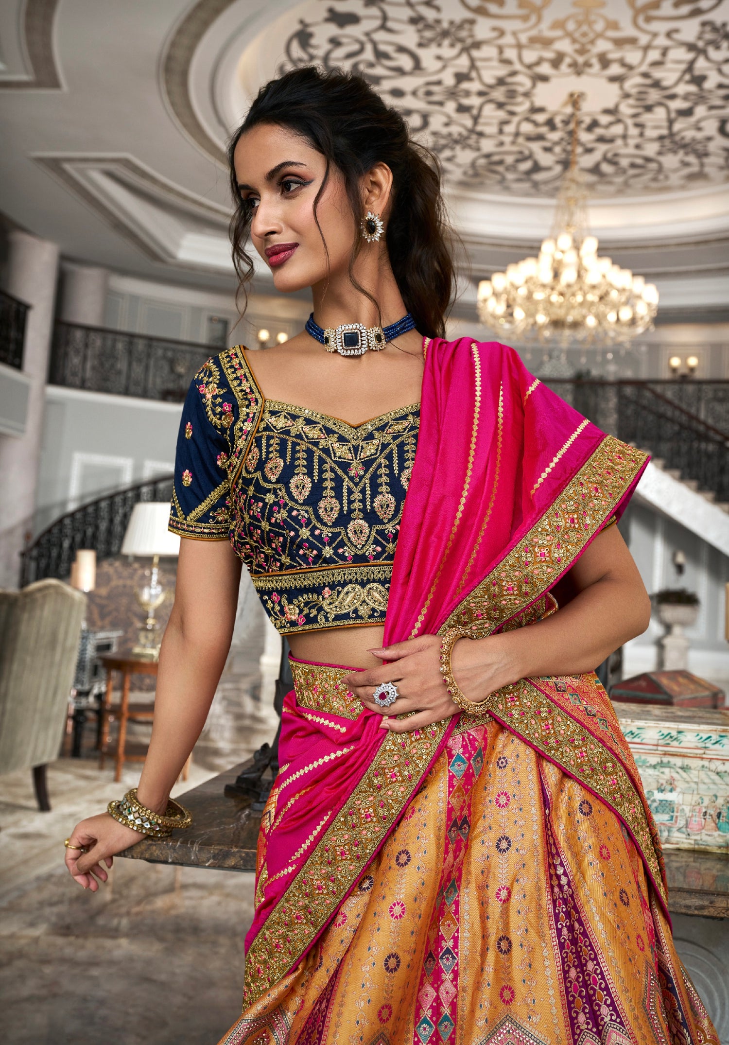 Red &amp; Orange Banarasi Silk Lehenga Choli with Zarkan Codding Work