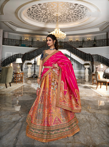 Red &amp; Orange Banarasi Silk Lehenga Choli with Zarkan Codding Work