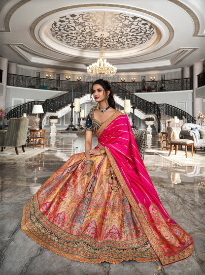 Red &amp; Orange Banarasi Silk Lehenga Choli with Zarkan Codding Work