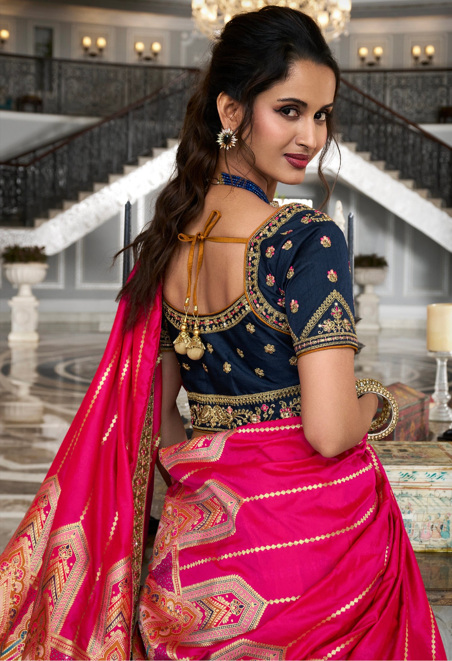 Red &amp; Orange Banarasi Silk Lehenga Choli with Zarkan Codding Work