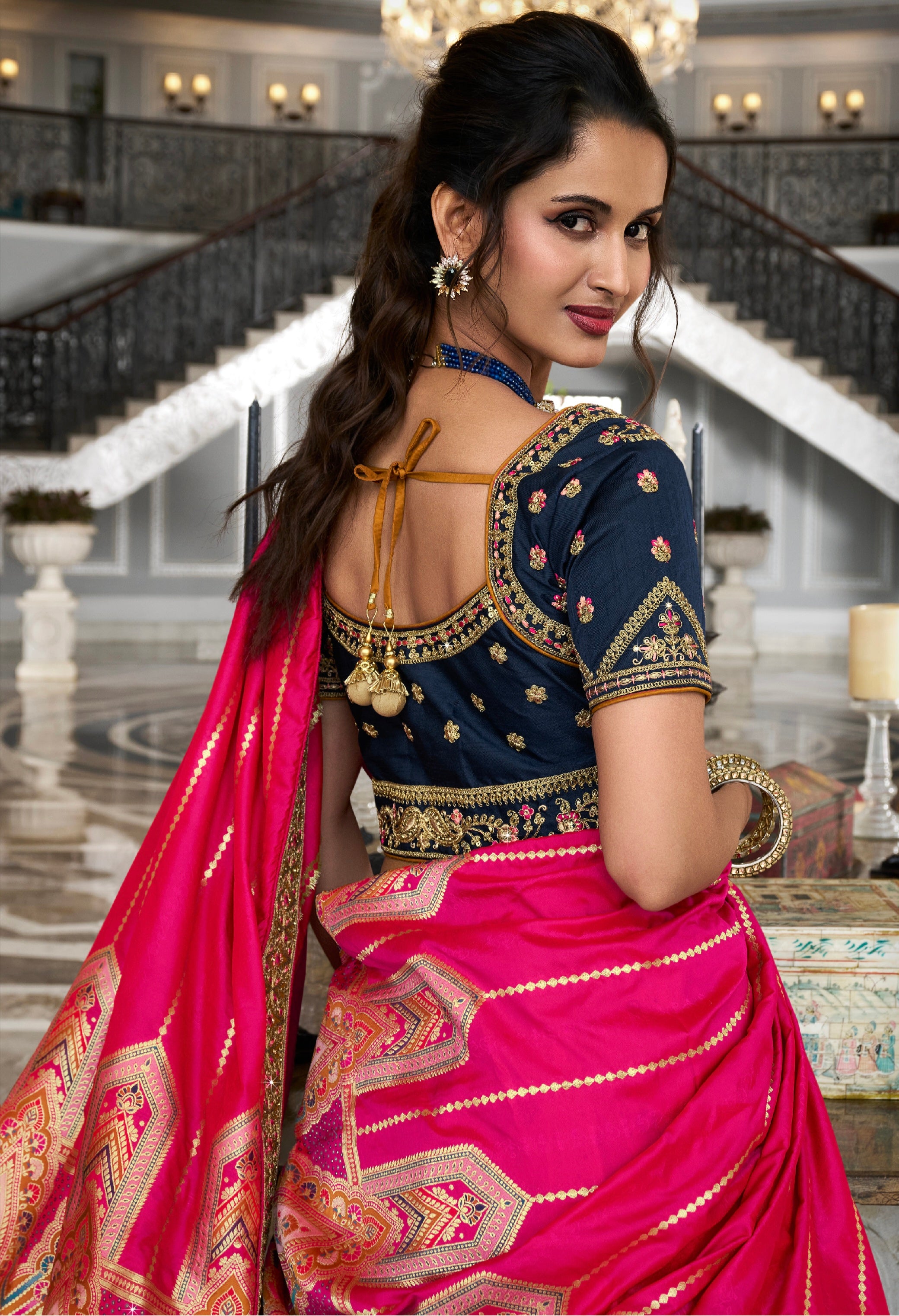 Red &amp; Orange Banarasi Silk Lehenga Choli with Zarkan Codding Work