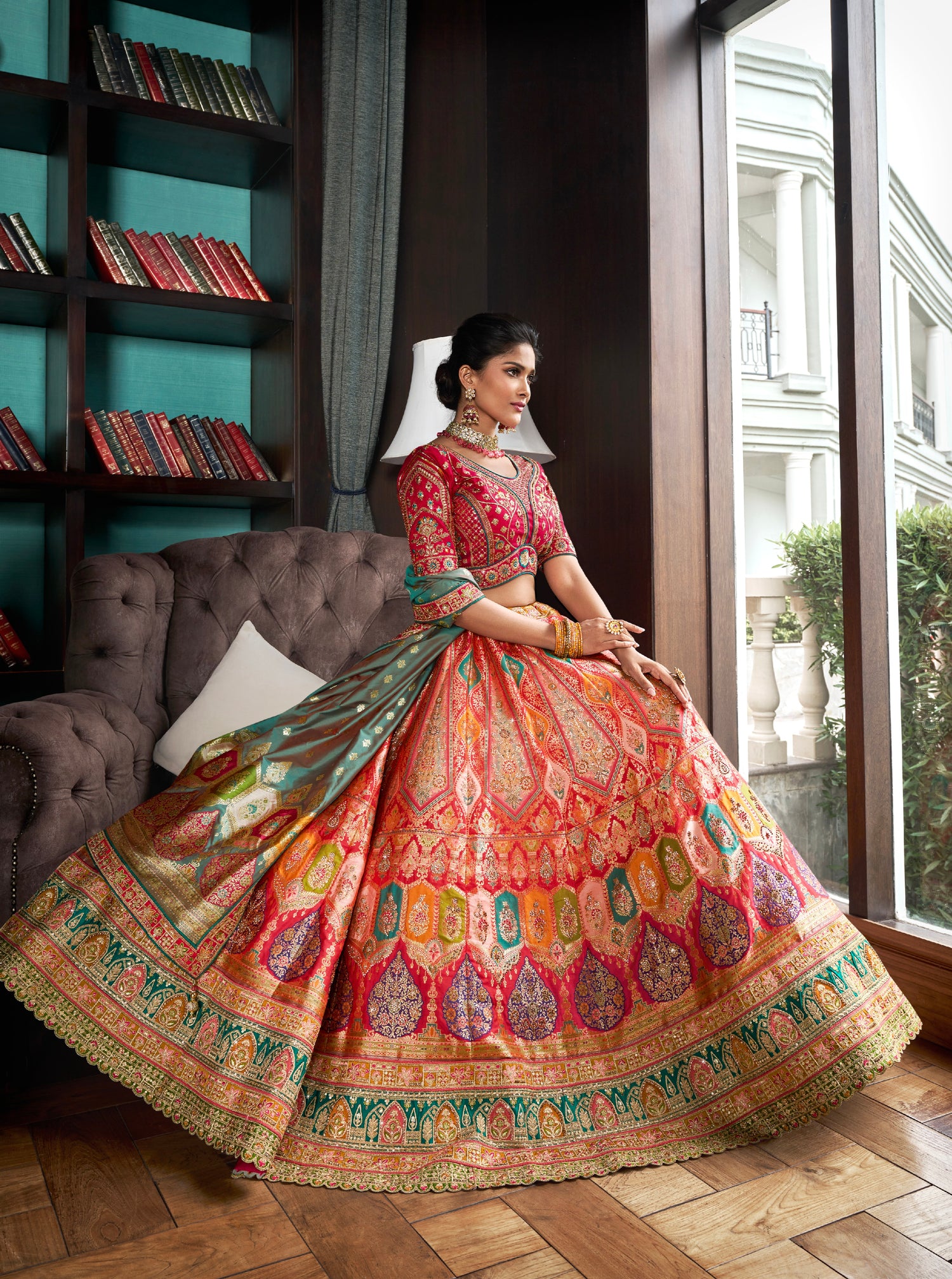 Pink &amp; Green Banarasi Silk Lehenga with Zarkan Codding Work