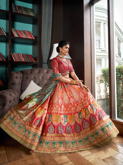 Pink &amp; Green Banarasi Silk Lehenga with Zarkan Codding Work