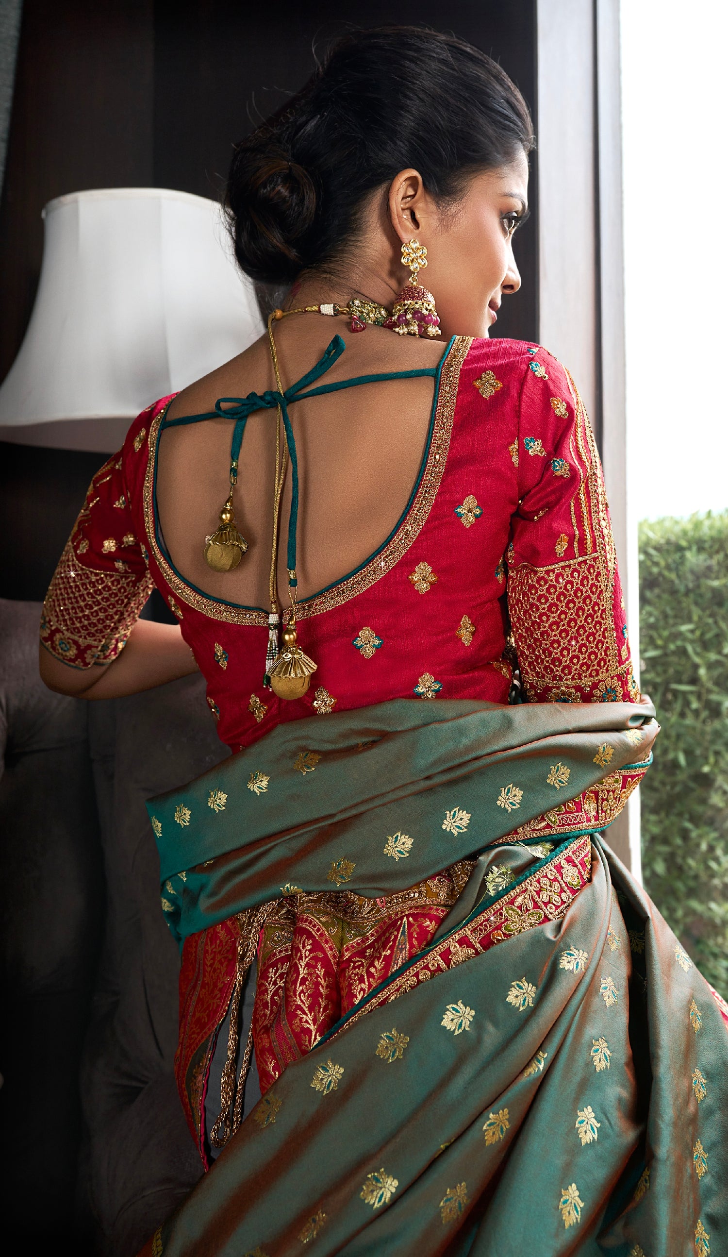Pink &amp; Green Banarasi Silk Lehenga with Zarkan Codding Work