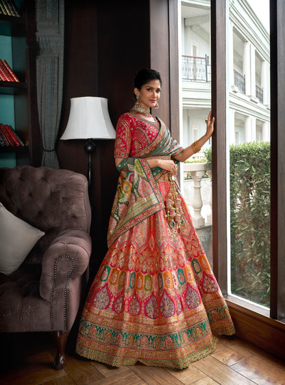 Pink &amp; Green Banarasi Silk Lehenga with Zarkan Codding Work