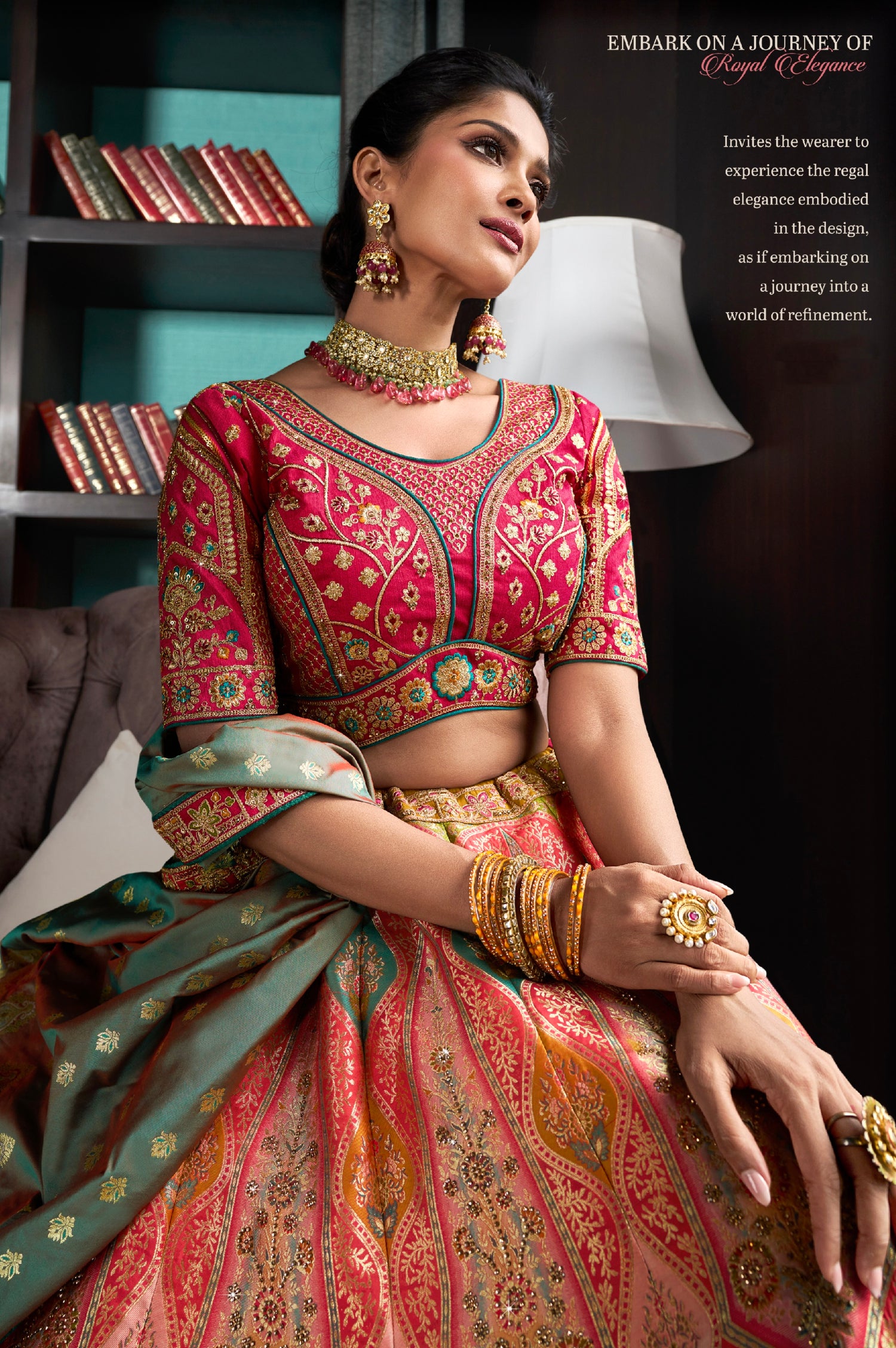 Pink &amp; Green Banarasi Silk Lehenga with Zarkan Codding Work