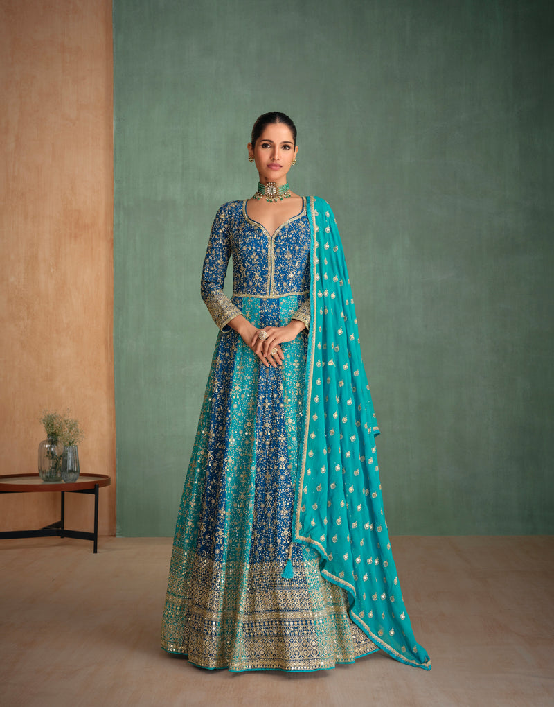 Blue Georgette Anarkali with Heavy Embroidered Dupatta