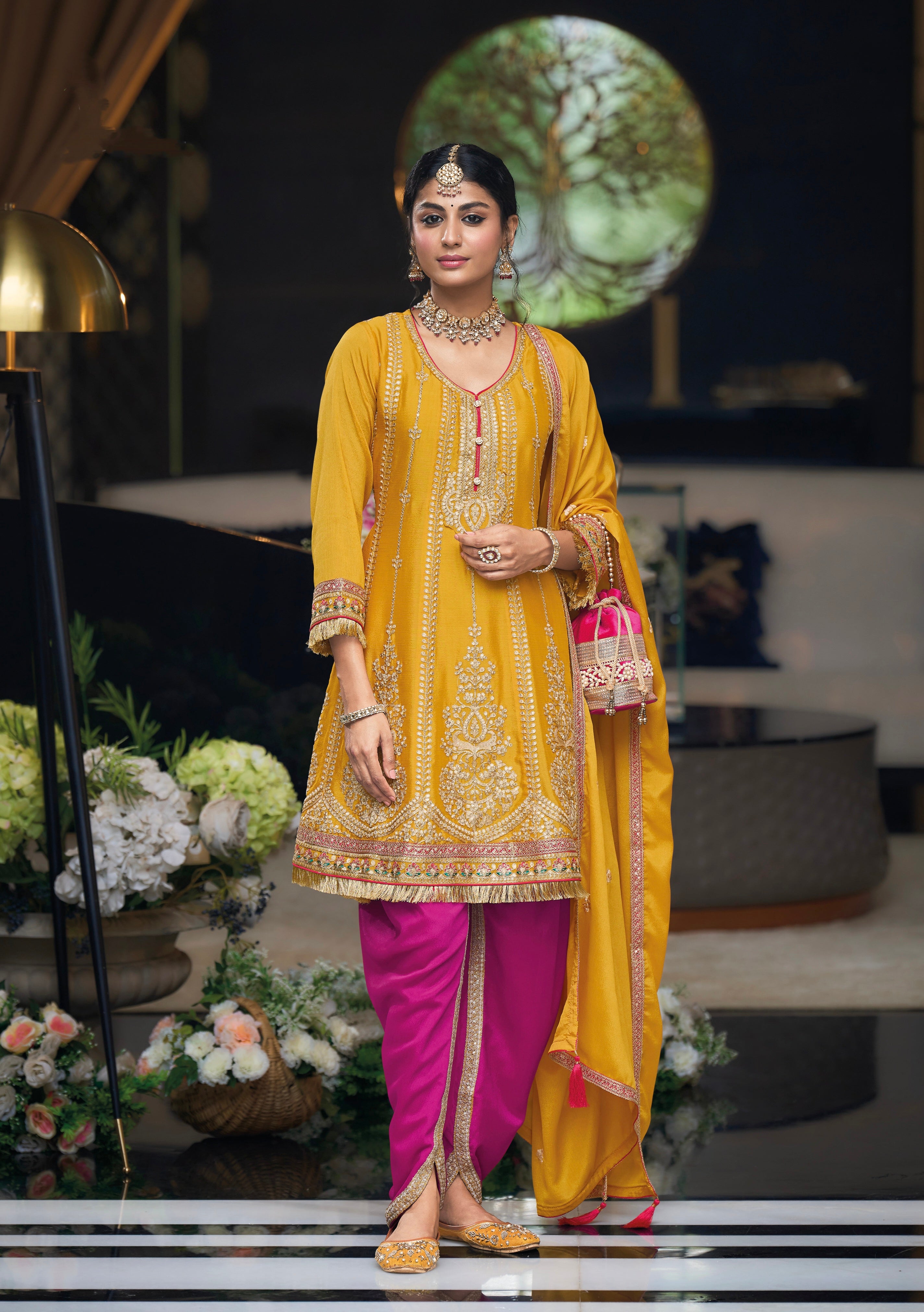Yellow Chinon Embroidered Dhoti Suit with Pink Dhoti