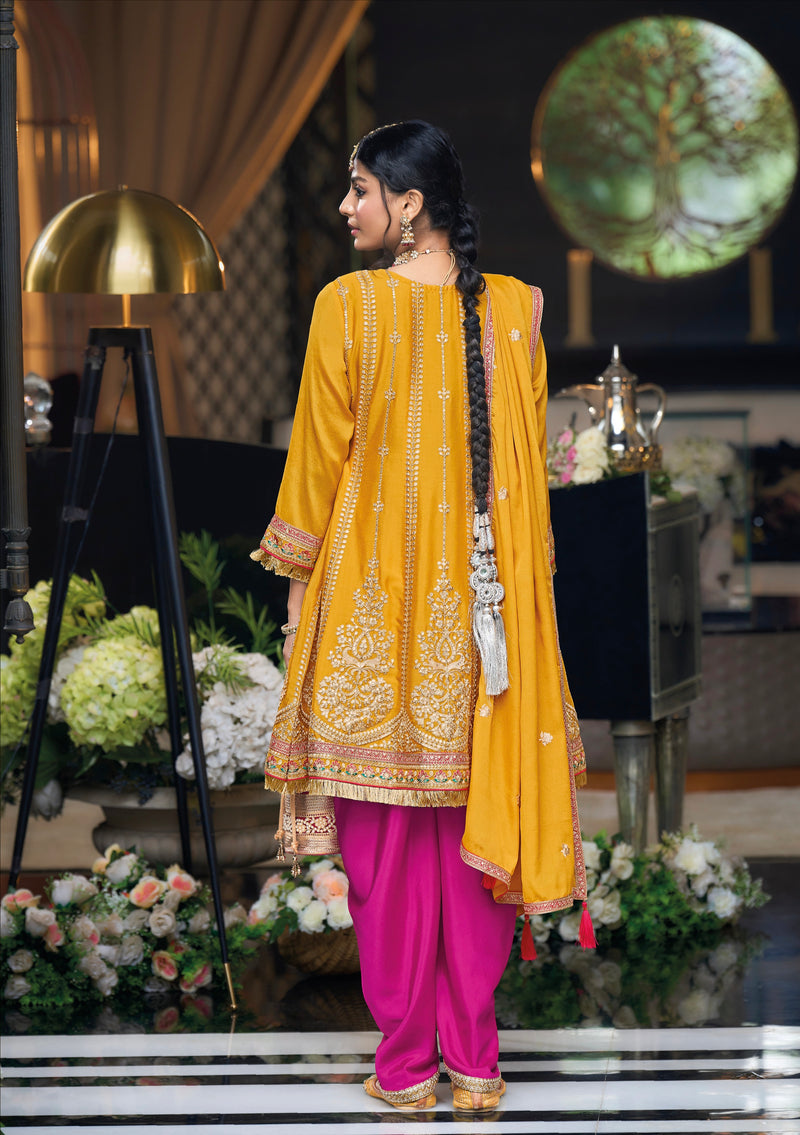 Yellow Chinon Embroidered Dhoti Suit with Pink Dhoti